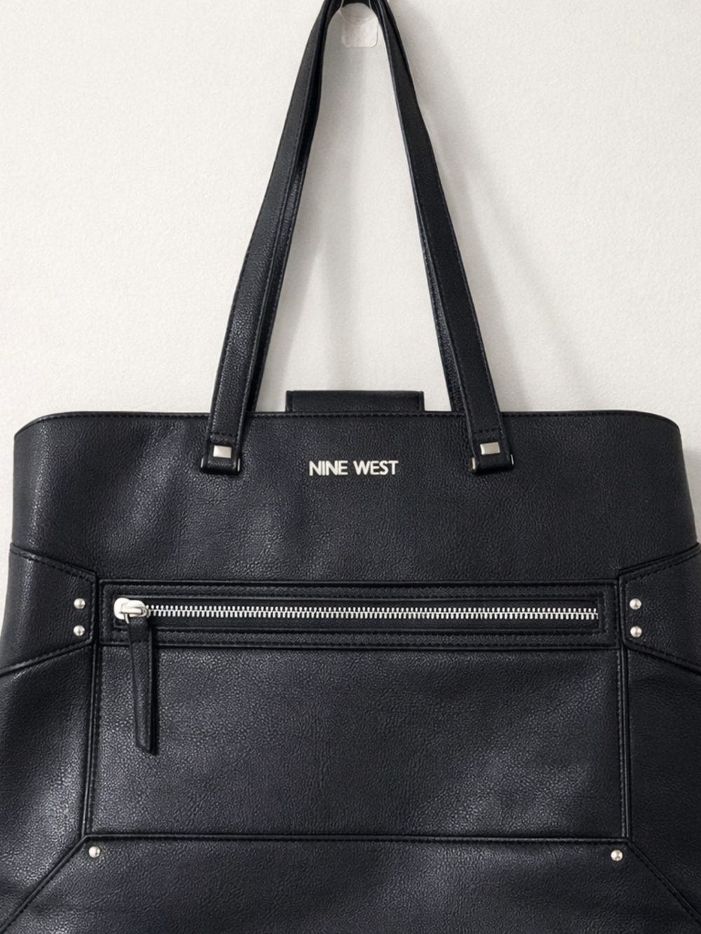 Nine West Black Faux Leather Tote Bag Work Laptop Shoulder Purse Zip Pocket
